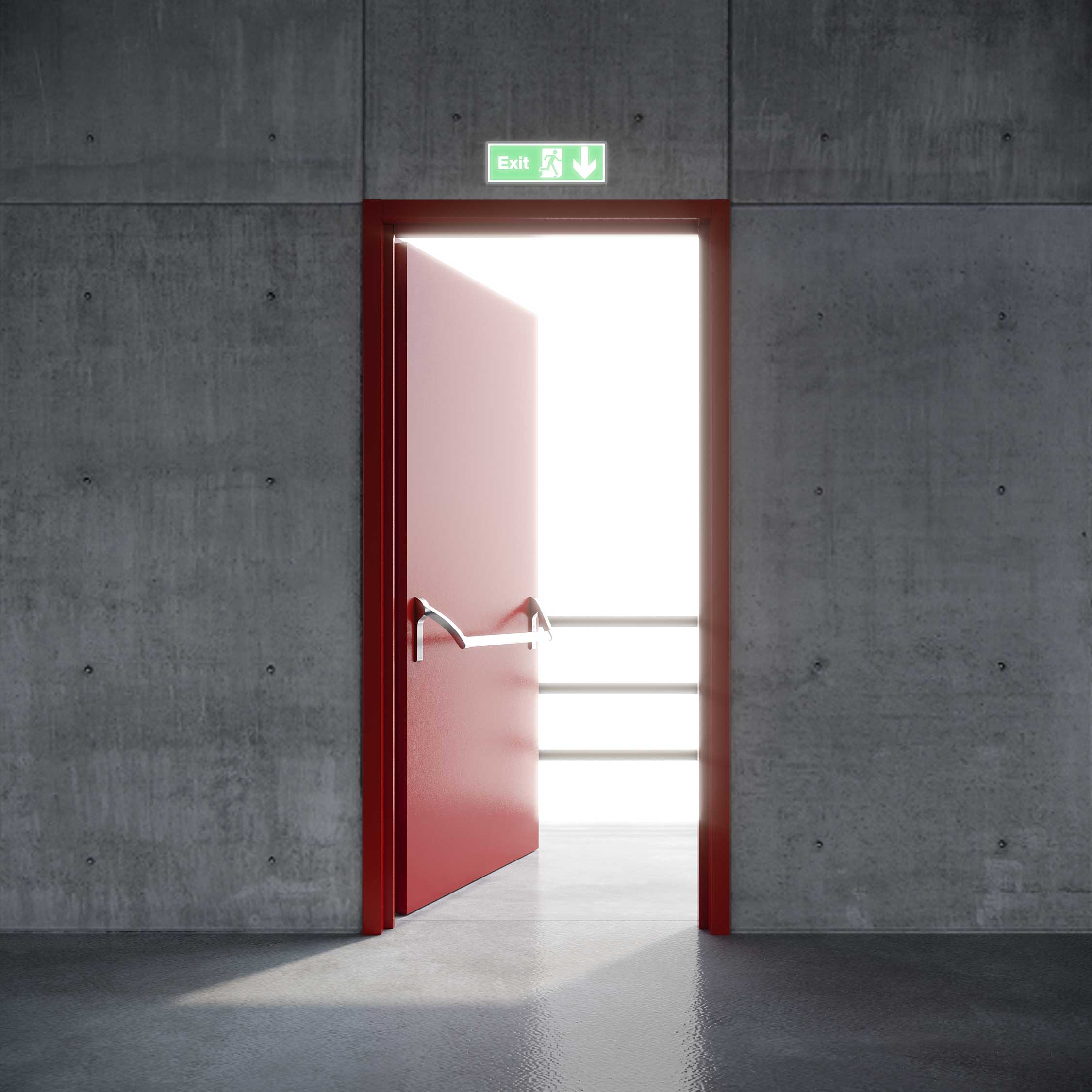Red emergency exit door standing open in a concrete hallway with bright light beyond